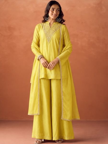Ornate Lemon Yellow Vichitra Silk Embroidered Kurti with Palazzo and Dupatta Kurtis