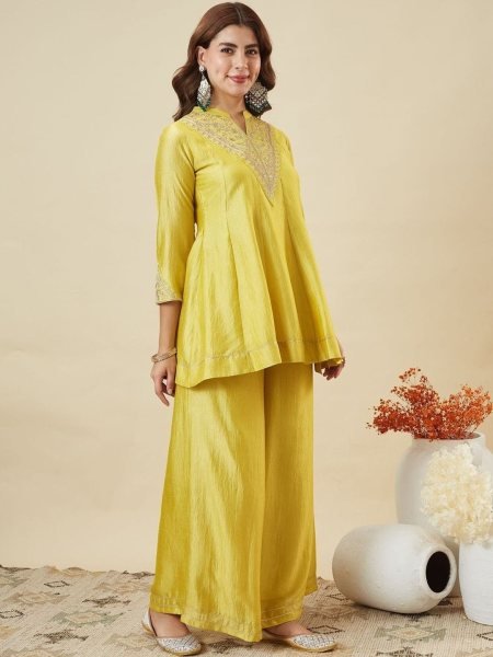 Ornate Lemon Yellow Vichitra Silk Embroidered Kurti with Palazzo and Dupatta 3 Piece Kurti Set