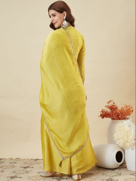 Ornate Lemon Yellow Vichitra Silk Embroidered Kurti with Palazzo and Dupatta 3 Piece Kurti Set