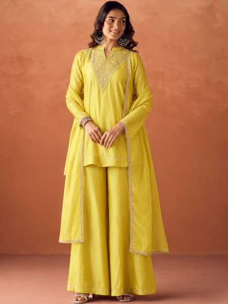 Ornate Lemon Yellow Vichitra Silk Embroidered Kurti with Palazzo and Dupatta 3 Piece Kurti Set