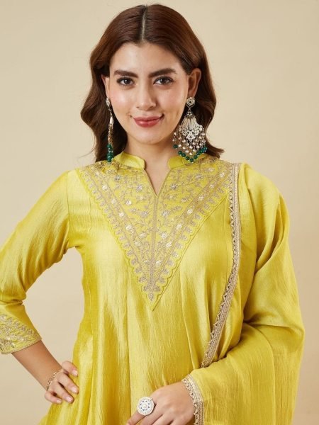 Ornate Lemon Yellow Vichitra Silk Embroidered Kurti with Palazzo and Dupatta 3 Piece Kurti Set