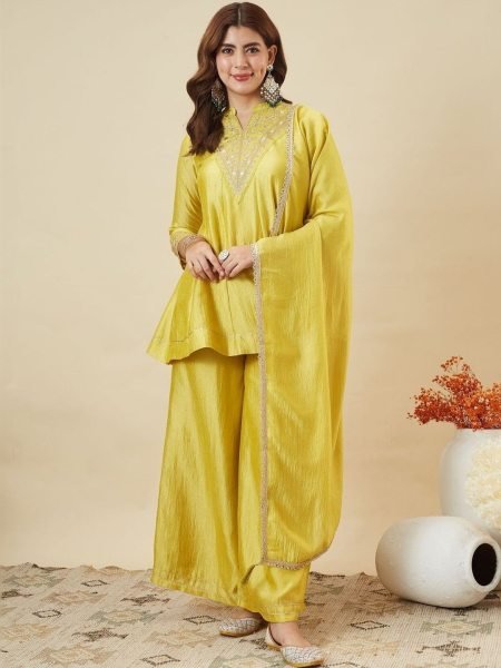 Ornate Lemon Yellow Vichitra Silk Embroidered Kurti with Palazzo and Dupatta 3 Piece Kurti Set