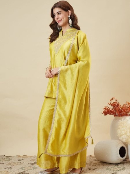 Ornate Lemon Yellow Vichitra Silk Embroidered Kurti with Palazzo and Dupatta 3 Piece Kurti Set