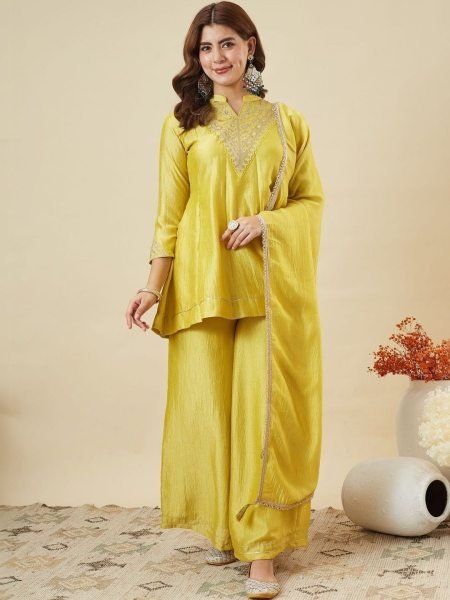 Ornate Lemon Yellow Vichitra Silk Embroidered Kurti with Palazzo and Dupatta 3 Piece Kurti Set
