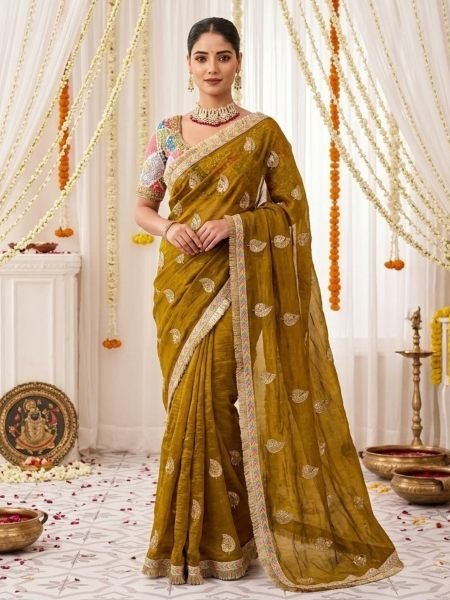 Ornate Mahendi Green Fendy Satin Saree with Heavy Embroidery and Sequins Work 