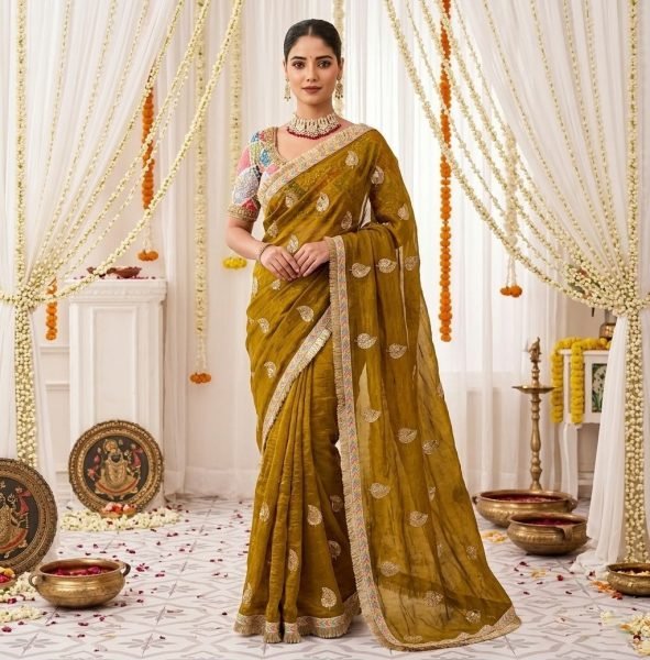 Ornate Mahendi Green Fendy Satin Saree with Heavy Embroidery and Sequins Work Designer Wedding Sarees Wholesale