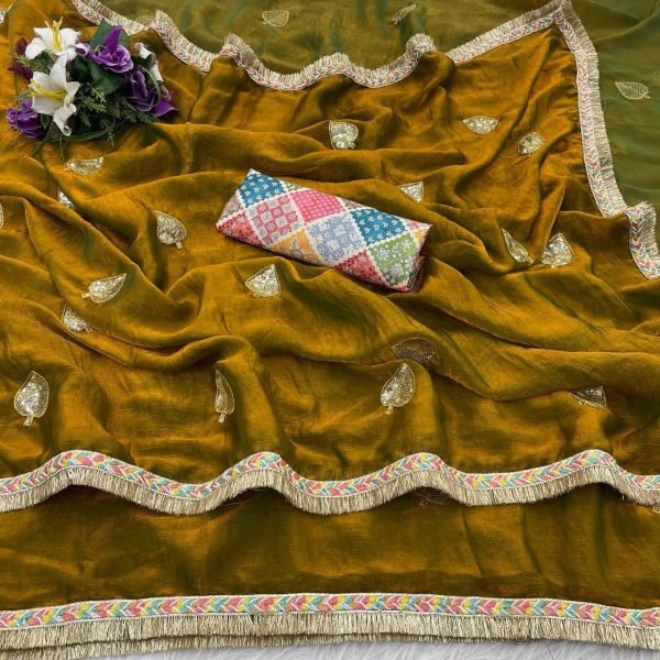 Ornate Mahendi Green Fendy Satin Saree with Heavy Embroidery and Sequins Work Designer Wedding Sarees Wholesale