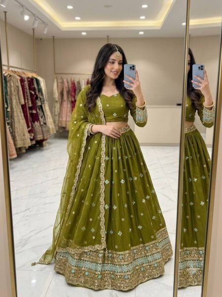 Ornate Mahendi Green Fendy Silk Lehenga with 5mm Sequin Embroidery and Kamar Belt  Lehenga