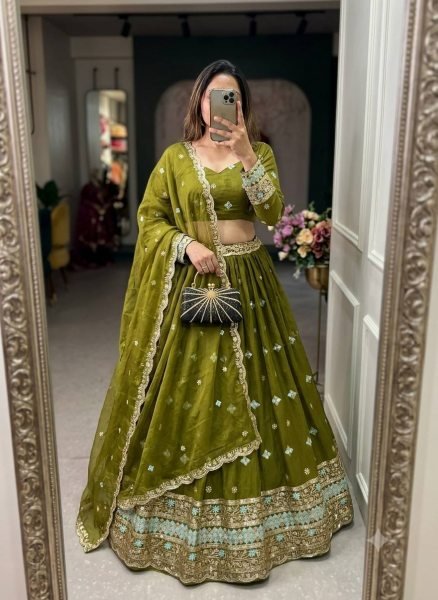 Ornate Mahendi Green Fendy Silk Lehenga with 5mm Sequin Embroidery and Kamar Belt Designer Lehenga Choli