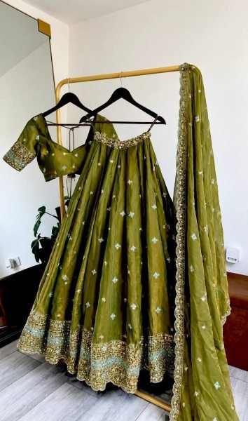 Ornate Mahendi Green Fendy Silk Lehenga with 5mm Sequin Embroidery and Kamar Belt Designer Lehenga Choli
