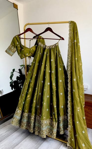 Ornate Mahendi Green Fendy Silk Lehenga with 5mm Sequin Embroidery and Kamar Belt Designer Lehenga Choli