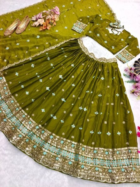 Ornate Mahendi Green Fendy Silk Lehenga with 5mm Sequin Embroidery and Kamar Belt Designer Lehenga Choli