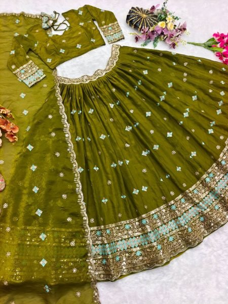 Ornate Mahendi Green Fendy Silk Lehenga with 5mm Sequin Embroidery and Kamar Belt Designer Lehenga Choli