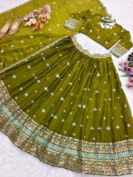 Ornate Mahendi Green Fendy Silk Lehenga with 5mm Sequin Embroidery and Kamar Belt Designer Lehenga Choli