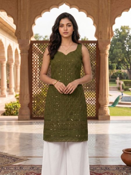 Ornate Mahendi Green Trendy Straight Cut Kurti Collection in Schiffli Rayon Fabric Kurtis