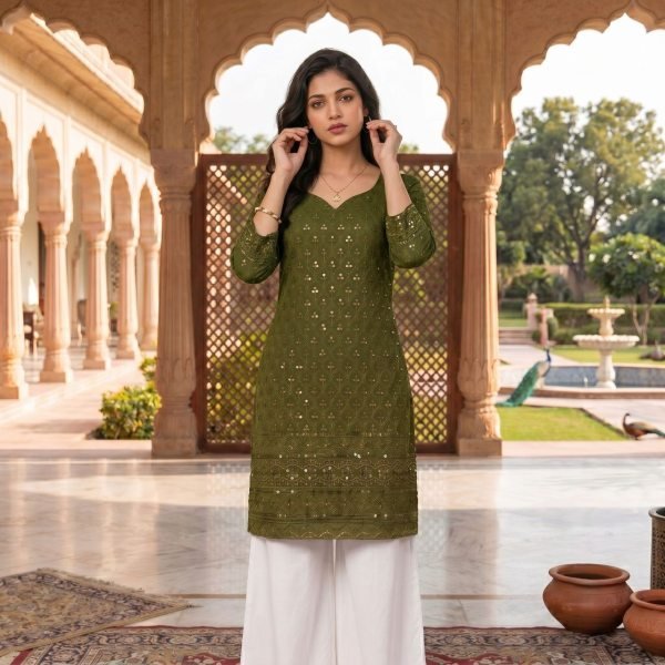 Ornate Mahendi Green Trendy Straight Cut Kurti Collection in Schiffli Rayon Fabric Kurti With Bottom Wholesale