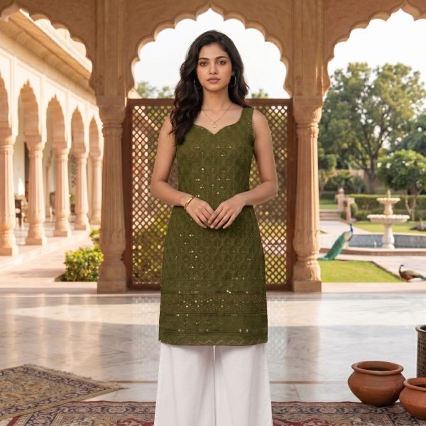 Ornate Mahendi Green Trendy Straight Cut Kurti Collection in Schiffli Rayon Fabric Kurti With Bottom Wholesale