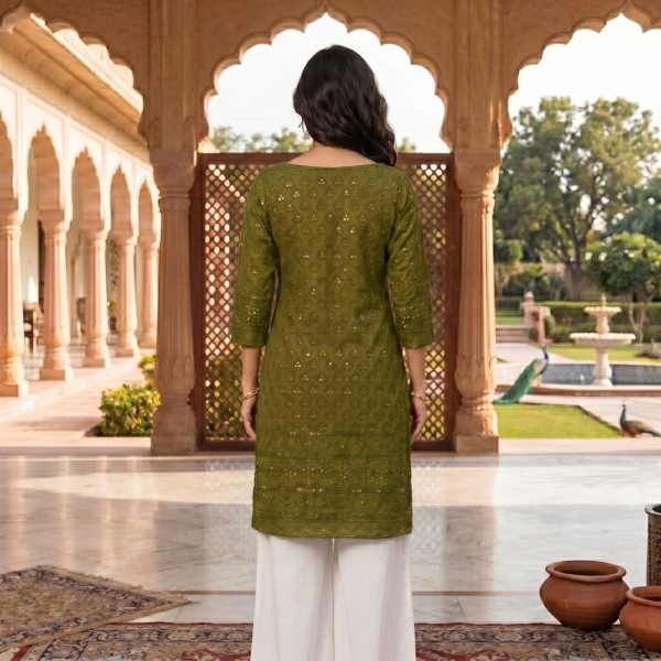 Ornate Mahendi Green Trendy Straight Cut Kurti Collection in Schiffli Rayon Fabric Kurti With Bottom Wholesale