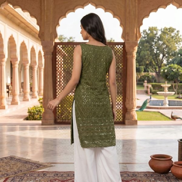 Ornate Mahendi Green Trendy Straight Cut Kurti Collection in Schiffli Rayon Fabric Kurti With Bottom Wholesale