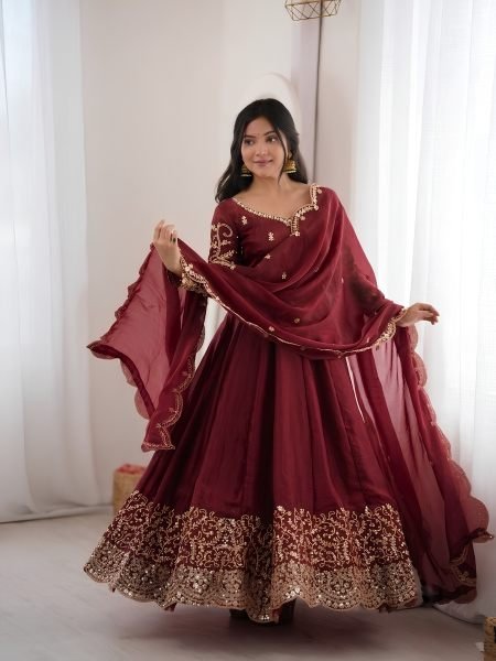 Ornate Maroon Fendy Silk Gown Set with Full Sleeves and Heavy Micro Cotton Inner at Wholesale Rate 
