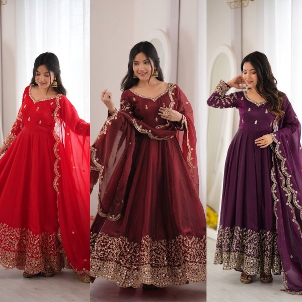 Ornate Maroon Fendy Silk Gown Set with Full Sleeves and Heavy Micro Cotton Inner at Wholesale Rate Ready To Wear Collection