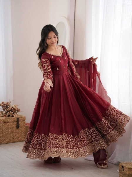 Ornate Maroon Fendy Silk Gown Set with Full Sleeves and Heavy Micro Cotton Inner at Wholesale Rate Ready To Wear Collection