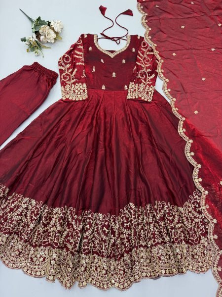 Ornate Maroon Fendy Silk Gown Set with Full Sleeves and Heavy Micro Cotton Inner at Wholesale Rate Ready To Wear Collection