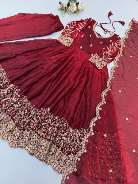 Ornate Maroon Fendy Silk Gown Set with Full Sleeves and Heavy Micro Cotton Inner at Wholesale Rate Ready To Wear Collection