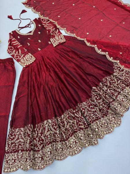 Ornate Maroon Fendy Silk Gown Set with Full Sleeves and Heavy Micro Cotton Inner at Wholesale Rate Ready To Wear Collection