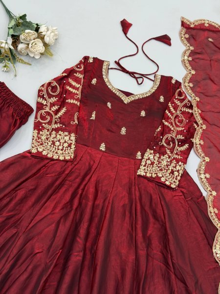Ornate Maroon Fendy Silk Gown Set with Full Sleeves and Heavy Micro Cotton Inner at Wholesale Rate Ready To Wear Collection