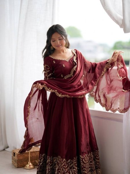 Ornate Maroon Fendy Silk Gown Set with Full Sleeves and Heavy Micro Cotton Inner at Wholesale Rate Ready To Wear Collection