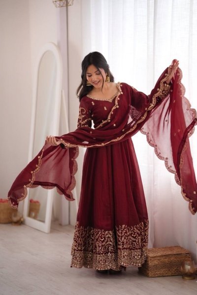 Ornate Maroon Fendy Silk Gown Set with Full Sleeves and Heavy Micro Cotton Inner at Wholesale Rate Ready To Wear Collection