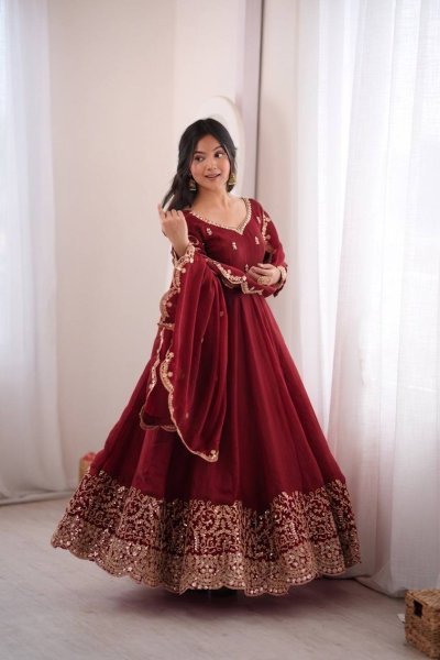 Ornate Maroon Fendy Silk Gown Set with Full Sleeves and Heavy Micro Cotton Inner at Wholesale Rate Ready To Wear Collection