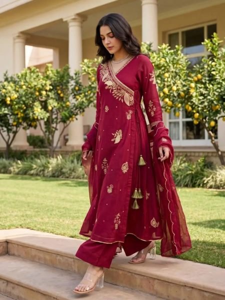 Ornate Maroon Mul Chanderi Long Kurti with Sequin Embroidery and Dupatta at Wholesale Rate 
