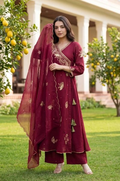 Ornate Maroon Mul Chanderi Long Kurti with Sequin Embroidery and Dupatta at Wholesale Rate Ready To Wear Collection