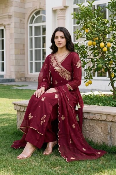 Ornate Maroon Mul Chanderi Long Kurti with Sequin Embroidery and Dupatta at Wholesale Rate Ready To Wear Collection