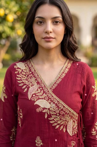 Ornate Maroon Mul Chanderi Long Kurti with Sequin Embroidery and Dupatta at Wholesale Rate Ready To Wear Collection