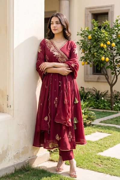 Ornate Maroon Mul Chanderi Long Kurti with Sequin Embroidery and Dupatta at Wholesale Rate Ready To Wear Collection