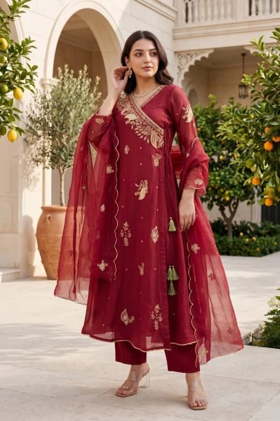 Ornate Maroon Mul Chanderi Long Kurti with Sequin Embroidery and Dupatta at Wholesale Rate Ready To Wear Collection