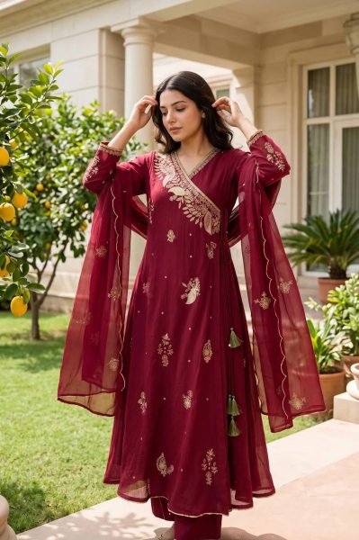 Ornate Maroon Mul Chanderi Long Kurti with Sequin Embroidery and Dupatta at Wholesale Rate Ready To Wear Collection
