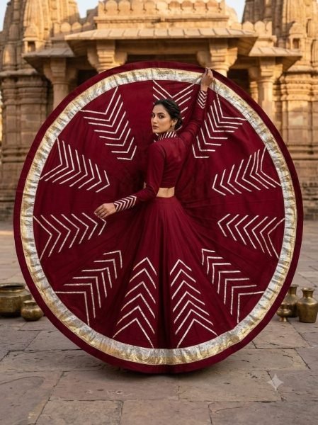 Ornate Maroon Rayon Cotton Lehenga with 1 Meter Matching Blouse Fabric For Family Functions  Navratri Lehnega Choli