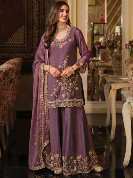 Ornate Mauve Designer Moss Silk Top and Palazzo with Matching Dupatta for Festival 