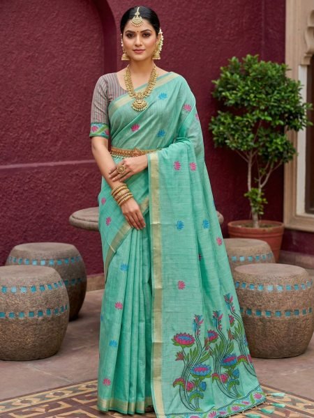 Ornate Mint Green Pure Muga Cotton Saree with Intricate Meenakari Work for Ethnic Wear Sarees 