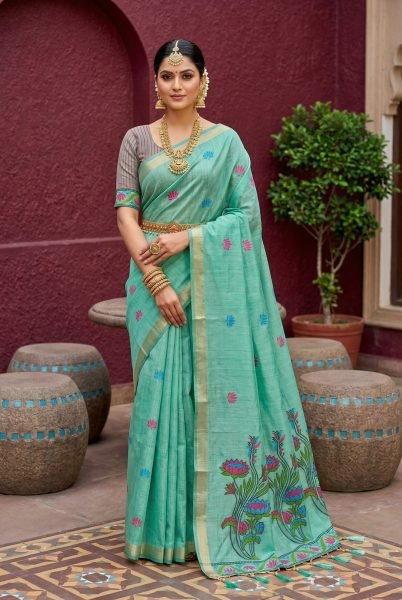Ornate Mint Green Pure Muga Cotton Saree with Intricate Meenakari Work for Ethnic Wear Printed Cotton Sarees Wholesale