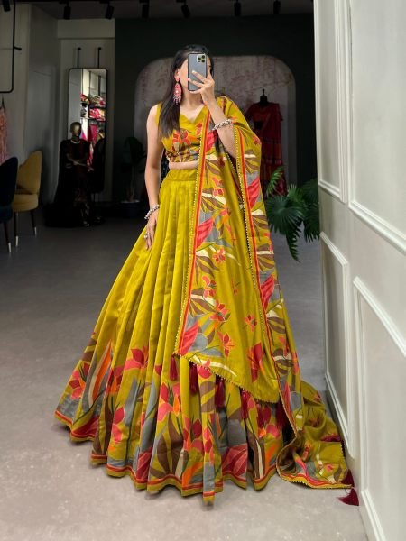 Ornate Mustard Yellow Tusser Silk Floral Print Lehenga Choli with Foil Work and Dupatta 