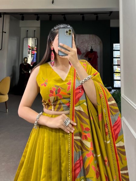 Ornate Mustard Yellow Tusser Silk Floral Print Lehenga Choli with Foil Work and Dupatta Designer Lehenga Choli