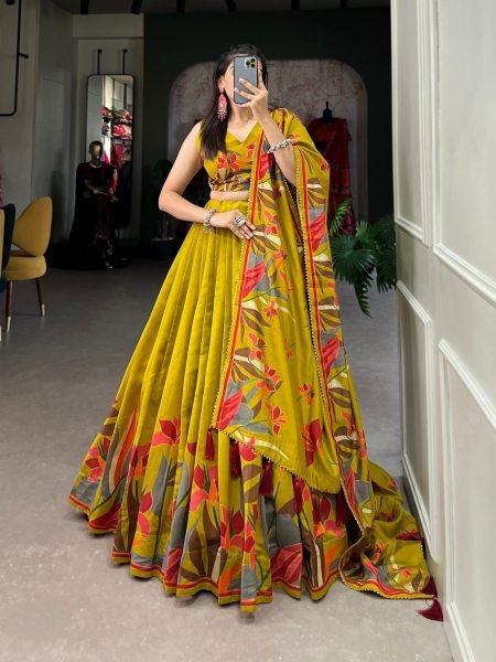 Ornate Mustard Yellow Tusser Silk Floral Print Lehenga Choli with Foil Work and Dupatta Designer Lehenga Choli