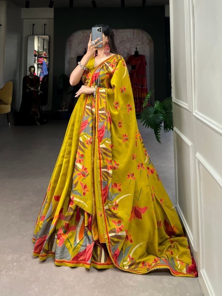 Ornate Mustard Yellow Tusser Silk Floral Print Lehenga Choli with Foil Work and Dupatta Designer Lehenga Choli