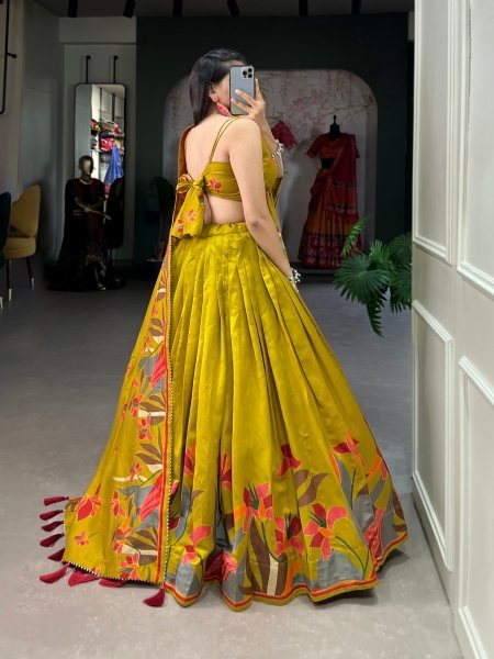 Ornate Mustard Yellow Tusser Silk Floral Print Lehenga Choli with Foil Work and Dupatta Designer Lehenga Choli