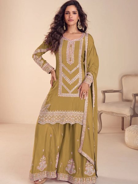 Ornate Mustered Yellow Designer Real Chinon Plazzo Suit with Embroidery Work 